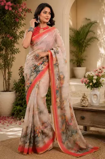 White peach linen digital print work saree with unstitched blouse piece