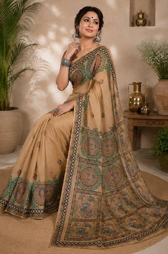 Cram coffee linen digital print work saree with unstitched blouse piece