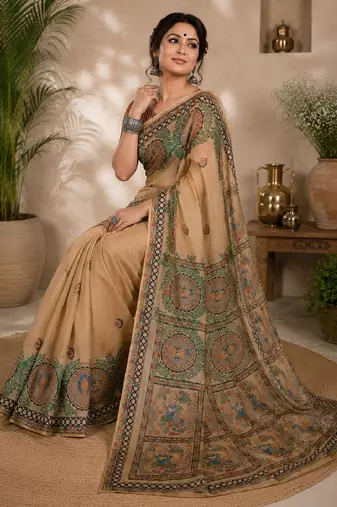 Cram coffee linen digital print work saree with unstitched blouse piece