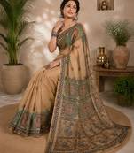Cram coffee linen digital print work saree with unstitched blouse piece