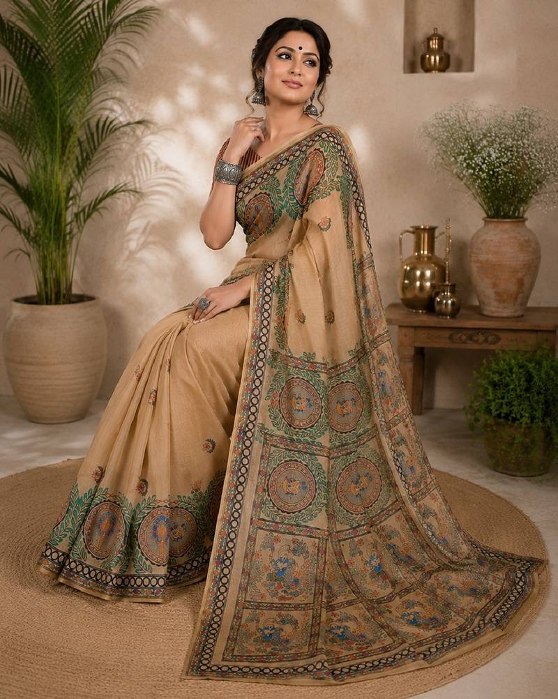 Cram coffee linen digital print work saree with unstitched blouse piece