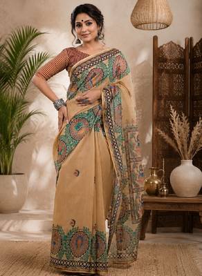 Cram coffee linen digital print work saree with unstitched blouse piece 2