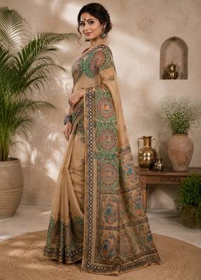 Cram coffee linen digital print work saree with unstitched blouse piece 3