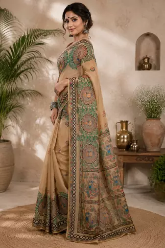 Cram coffee linen digital print work saree with unstitched blouse piece