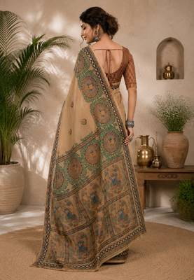 Cram coffee linen digital print work saree with unstitched blouse piece 4