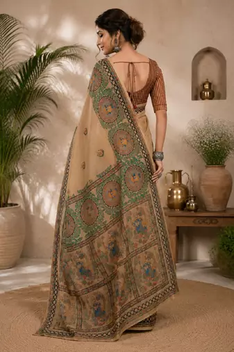 Cram coffee linen digital print work saree with unstitched blouse piece