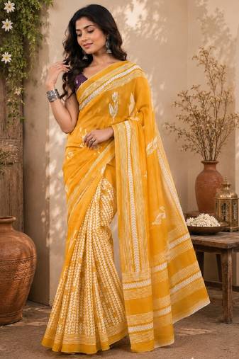 Yellow wine linen digital print work saree with unstitched blouse piece
