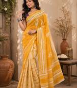 Yellow wine linen digital print work saree with unstitched blouse piece