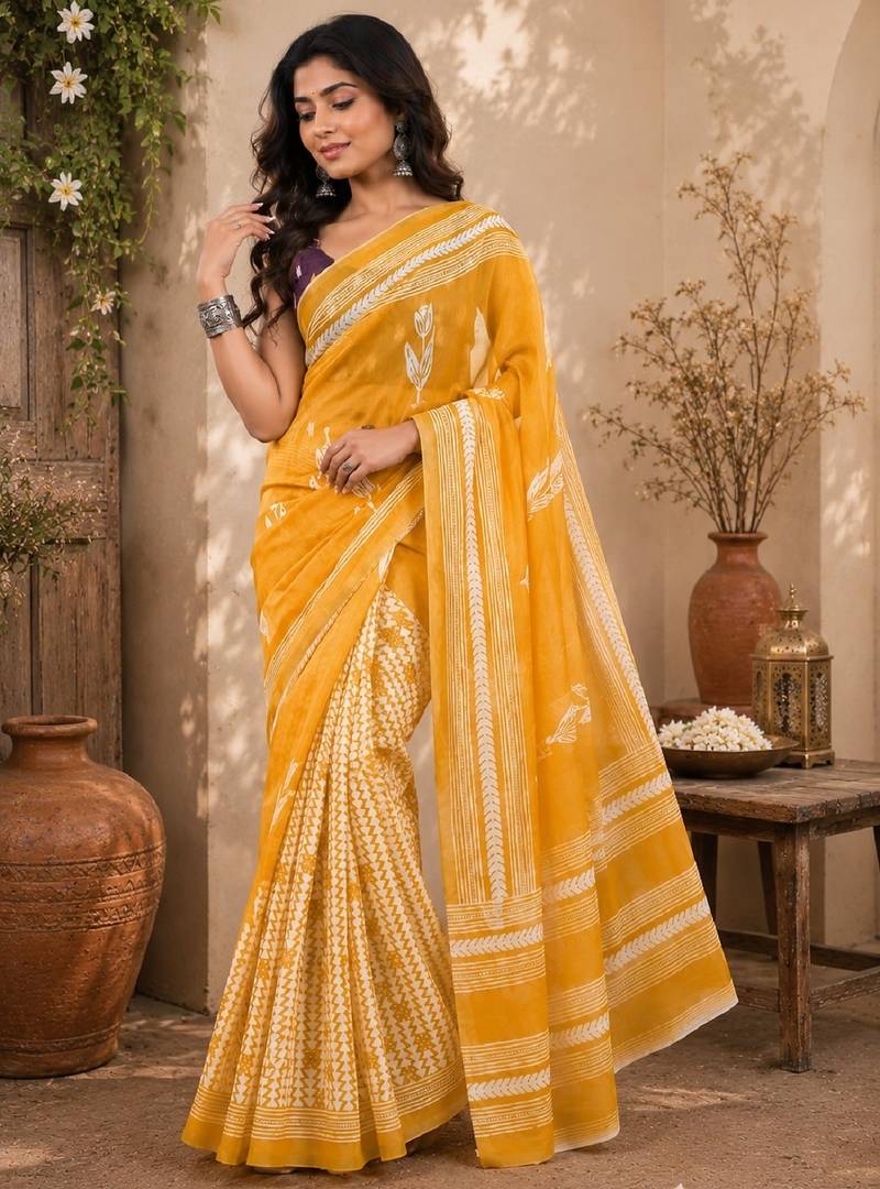 Yellow wine linen digital print work saree with unstitched blouse piece