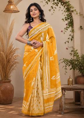 Yellow wine linen digital print work saree with unstitched blouse piece 2