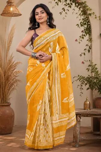 Yellow wine linen digital print work saree with unstitched blouse piece