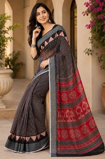 Black linen digital print work saree with unstitched blouse piece