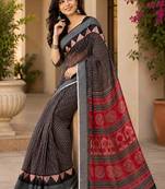 Black linen digital print work saree with unstitched blouse piece
