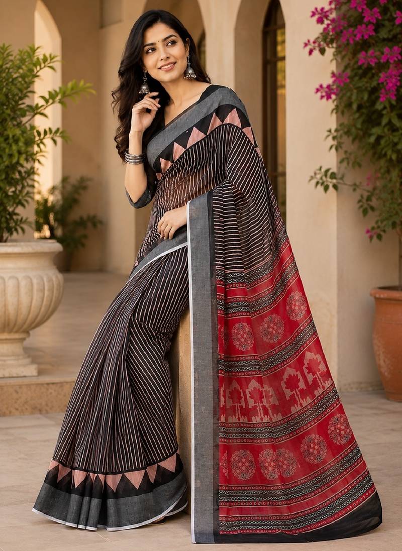 Black linen digital print work saree with unstitched blouse piece