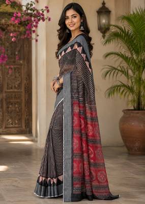 Black linen digital print work saree with unstitched blouse piece 2
