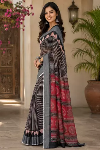 Black linen digital print work saree with unstitched blouse piece