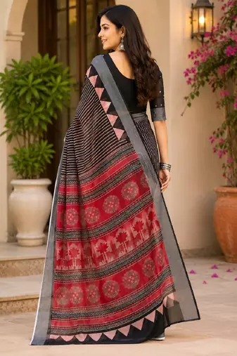 Black linen digital print work saree with unstitched blouse piece
