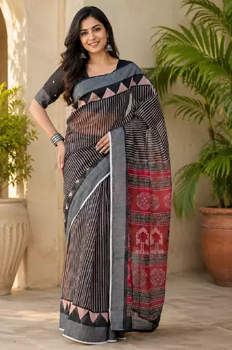 Black linen digital print work saree with unstitched blouse piece