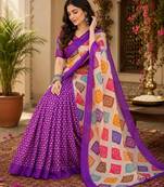 Purple linen digital print work saree with unstitched blouse piece