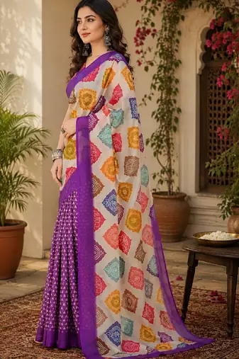 Purple linen digital print work saree with unstitched blouse piece