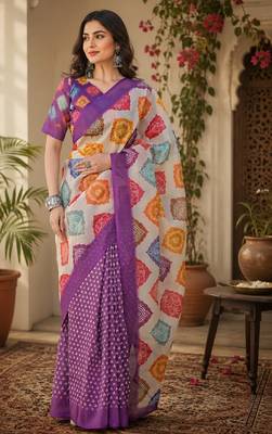 Purple linen digital print work saree with unstitched blouse piece 4