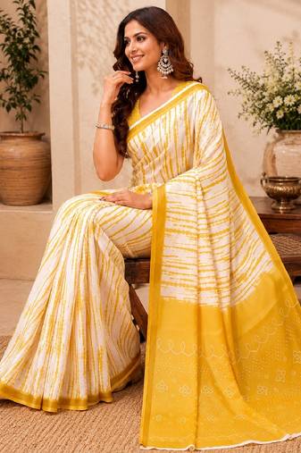 White yellow linen digital print work saree with unstitched blouse piece