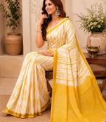 White yellow linen digital print work saree with unstitched blouse piece
