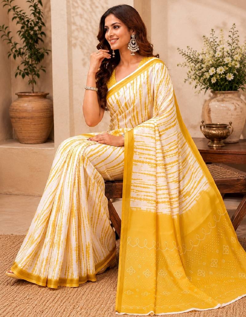 White yellow linen digital print work saree with unstitched blouse piece