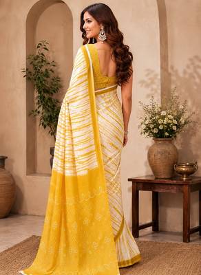 White yellow linen digital print work saree with unstitched blouse piece 3
