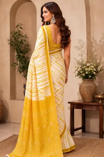 White yellow linen digital print work saree with unstitched blouse piece