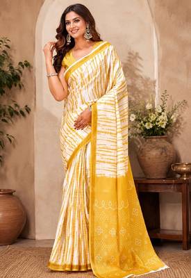 White yellow linen digital print work saree with unstitched blouse piece 4