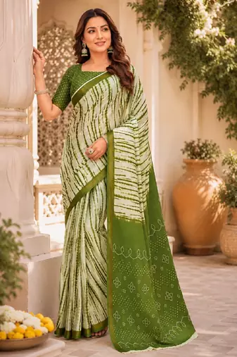 White mehendi linen digital print work saree with unstitched blouse piece