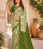 White mehendi linen digital print work saree with unstitched blouse piece