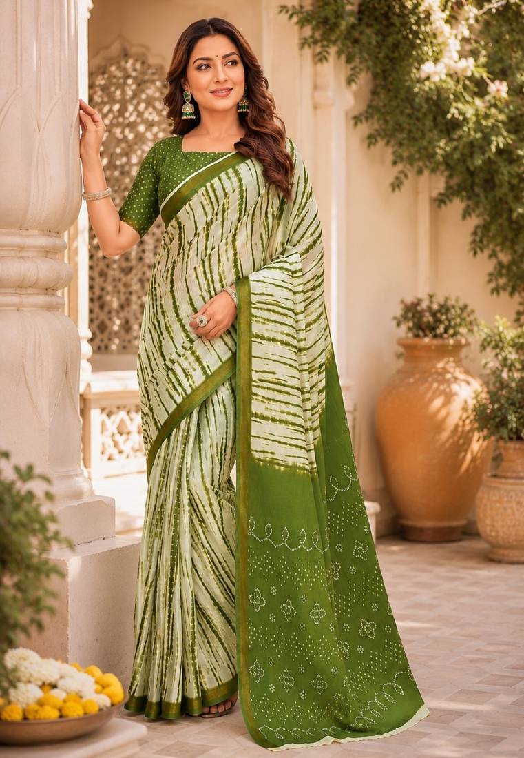 White mehendi linen digital print work saree with unstitched blouse piece