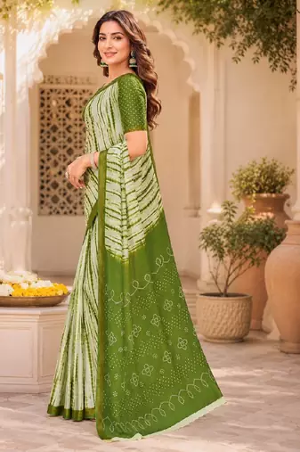 White mehendi linen digital print work saree with unstitched blouse piece
