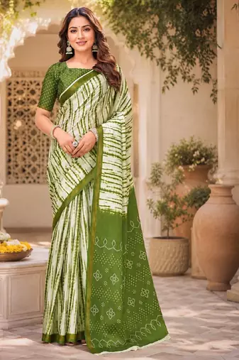 White mehendi linen digital print work saree with unstitched blouse piece
