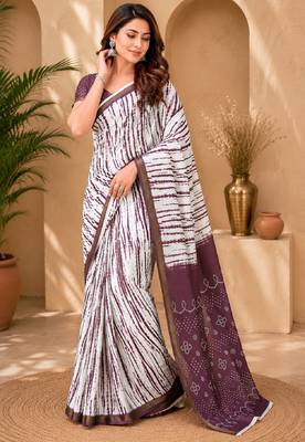 White wine linen digital print work saree with unstitched blouse piece 1