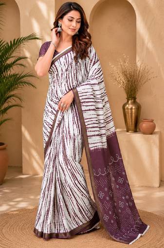 White wine linen digital print work saree with unstitched blouse piece
