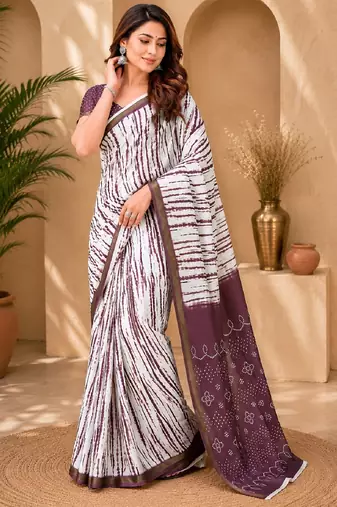 White wine linen digital print work saree with unstitched blouse piece
