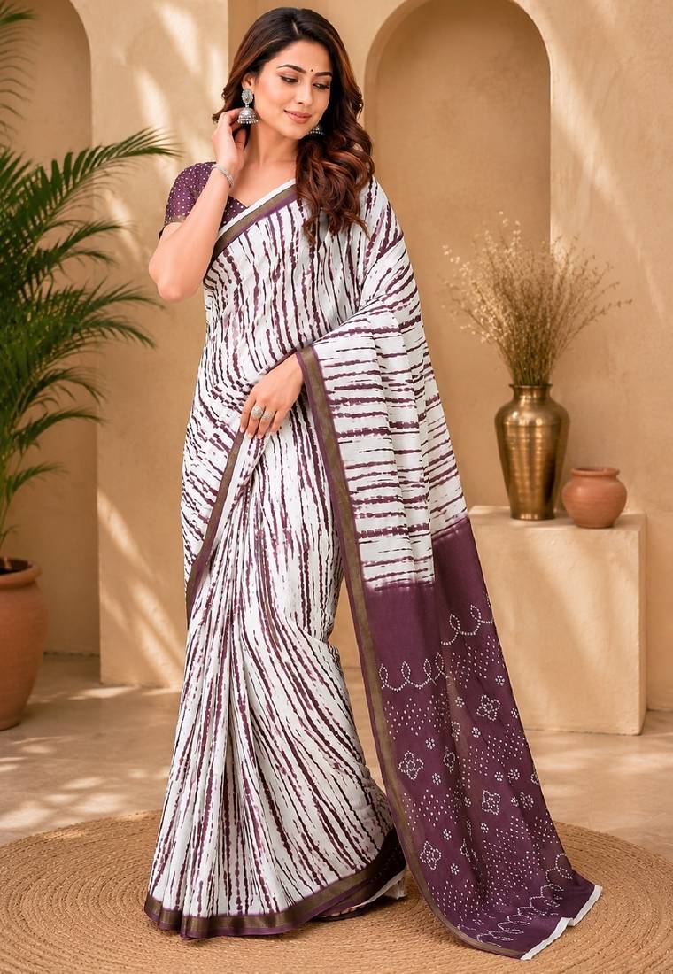 White wine linen digital print work saree with unstitched blouse piece