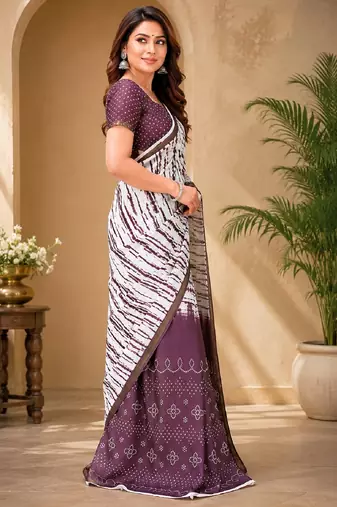 White wine linen digital print work saree with unstitched blouse piece
