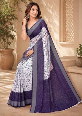 White purple linen digital print work saree with unstitched blouse piece 1
