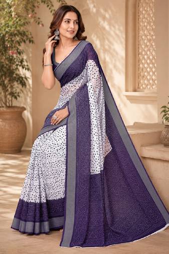 White purple linen digital print work saree with unstitched blouse piece