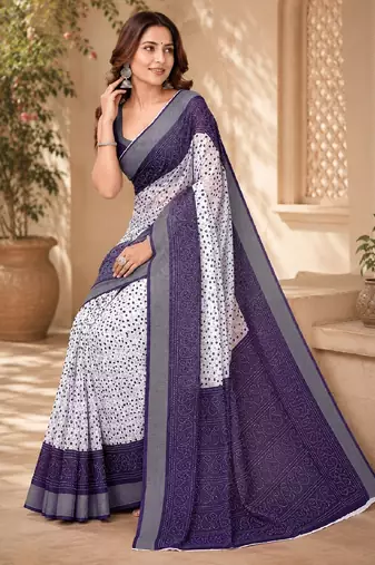 White purple linen digital print work saree with unstitched blouse piece