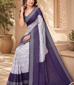 White purple linen digital print work saree with unstitched blouse piece