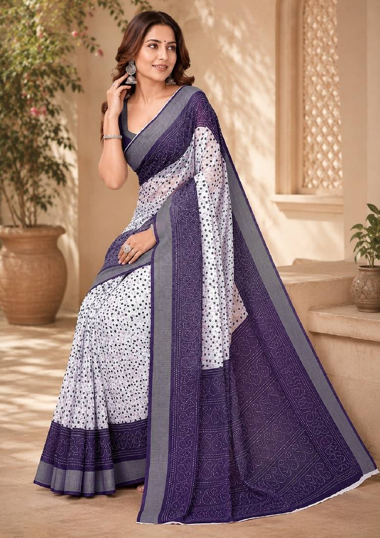 White purple linen digital print work saree with unstitched blouse piece