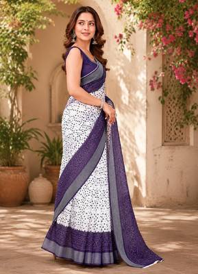 White purple linen digital print work saree with unstitched blouse piece 2