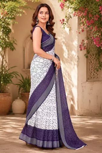 White purple linen digital print work saree with unstitched blouse piece