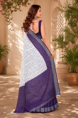 White purple linen digital print work saree with unstitched blouse piece 3