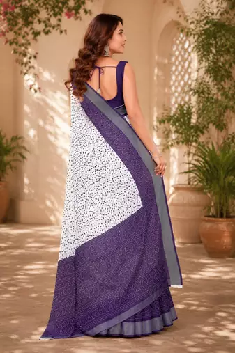White purple linen digital print work saree with unstitched blouse piece